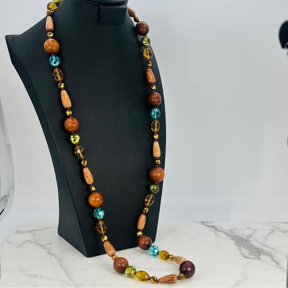 Vintage Joan Rivers Long Beaded Necklace Wood Crystal Beads Green Metallic Blue - Picture 5 of 11